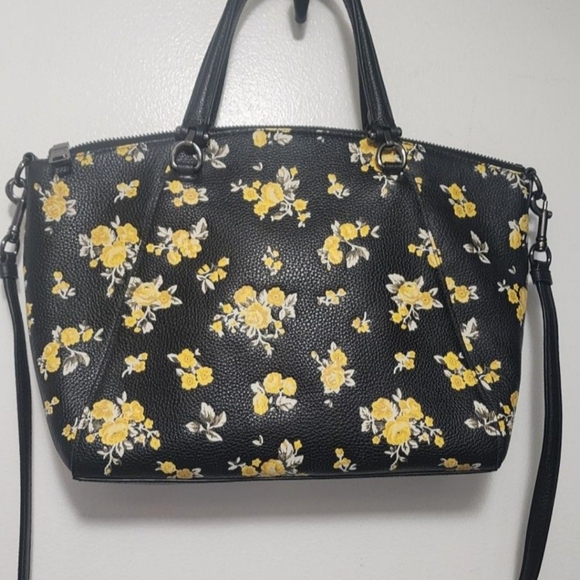 Coach Black Leather Satchel with Yellow Floral Print - Picture 2 of 6